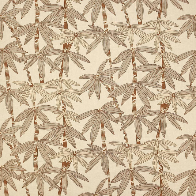 Beige botanical linen-blend fabric with large leaf motif and terracotta stems