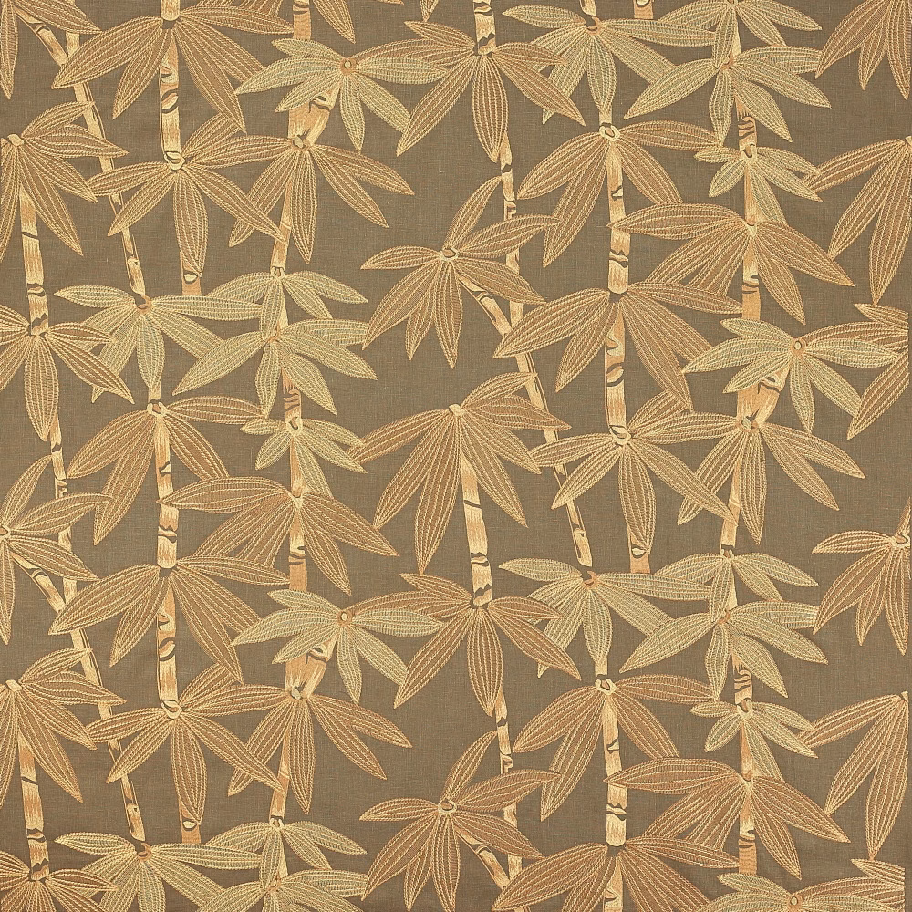 Khaki olive botanical fabric with bamboo leaf motif and matte woven ground