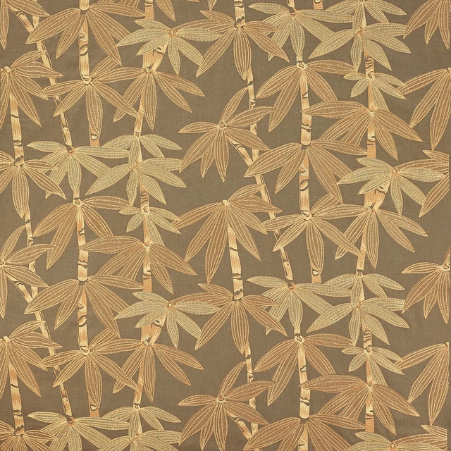 Khaki olive botanical fabric with bamboo leaf motif and matte woven ground