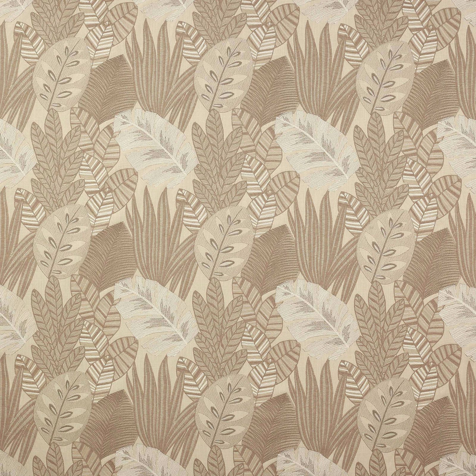 Beige botanical woven fabric with layered leaf motifs and tonal texture