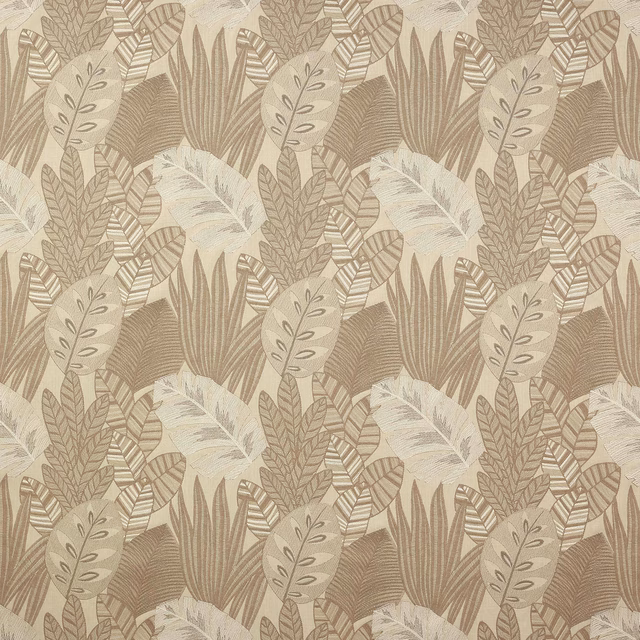 Beige botanical woven fabric with layered leaf motifs and tonal texture