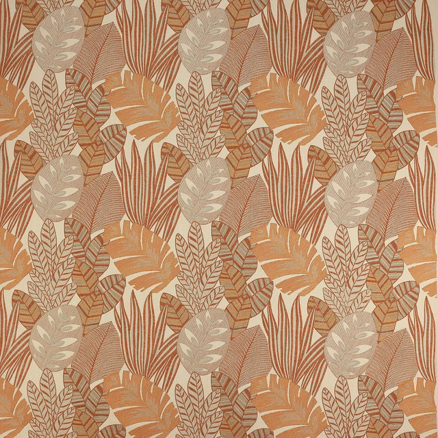 Warm camel botanical fabric with layered leaf motifs and oat highlights