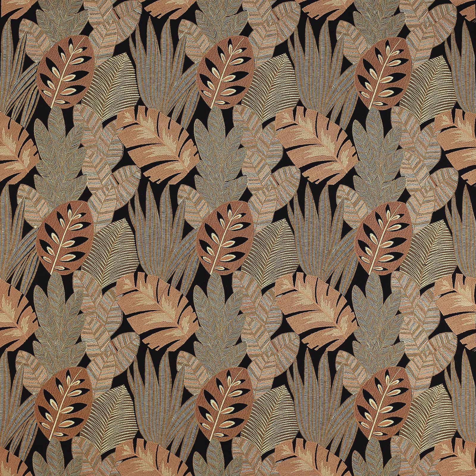 Botanical woven fabric with ebony black ground and warm tan, olive and gold leaves