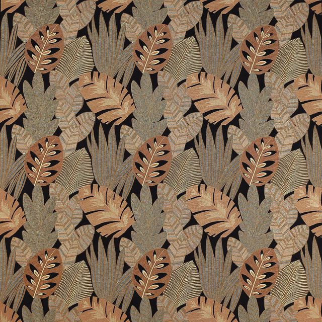 Botanical woven fabric with ebony black ground and warm tan, olive and gold leaves