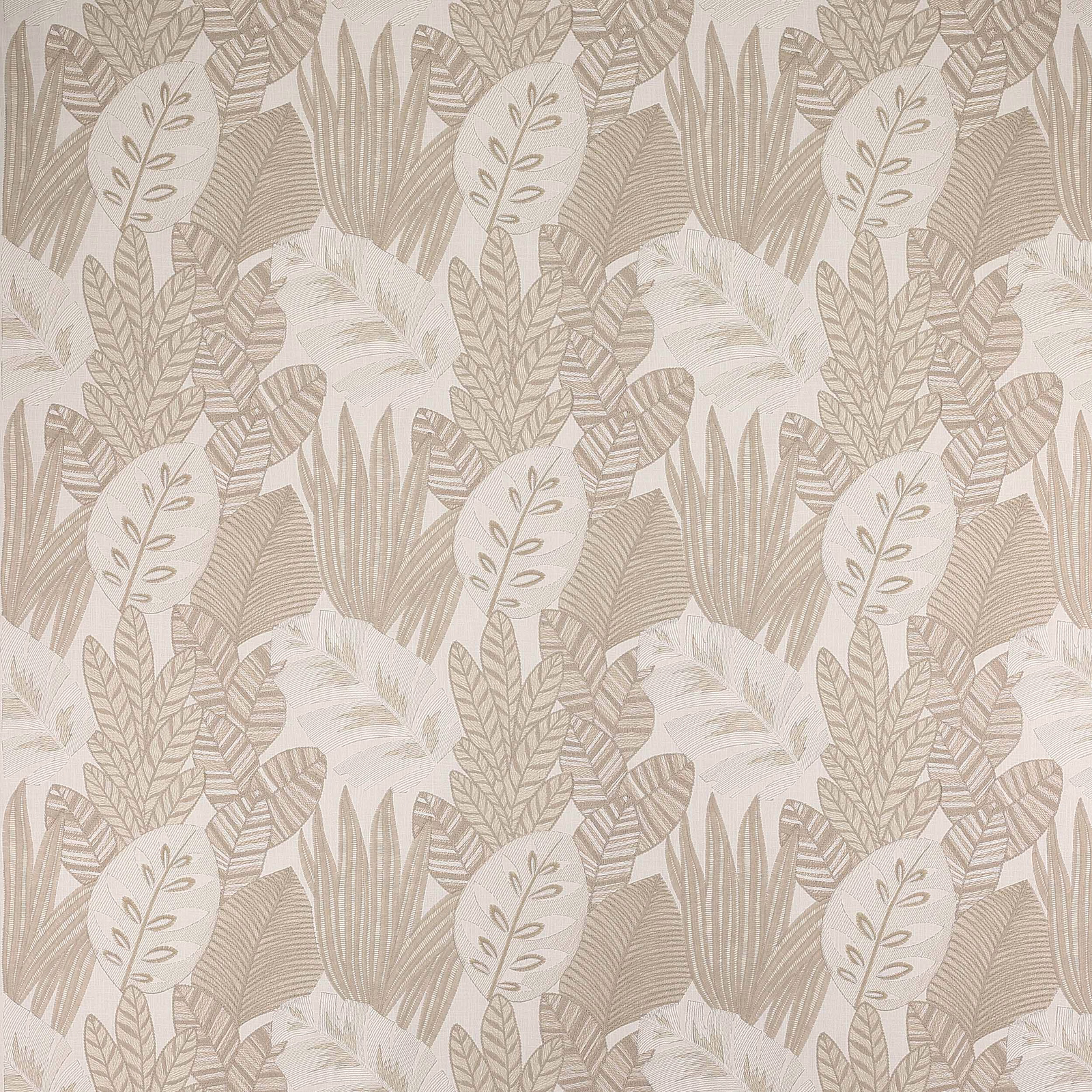 Soft shell-beige botanical fabric with layered leaf motifs and woven texture