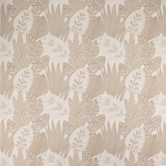 Soft shell-beige botanical fabric with layered leaf motifs and woven texture