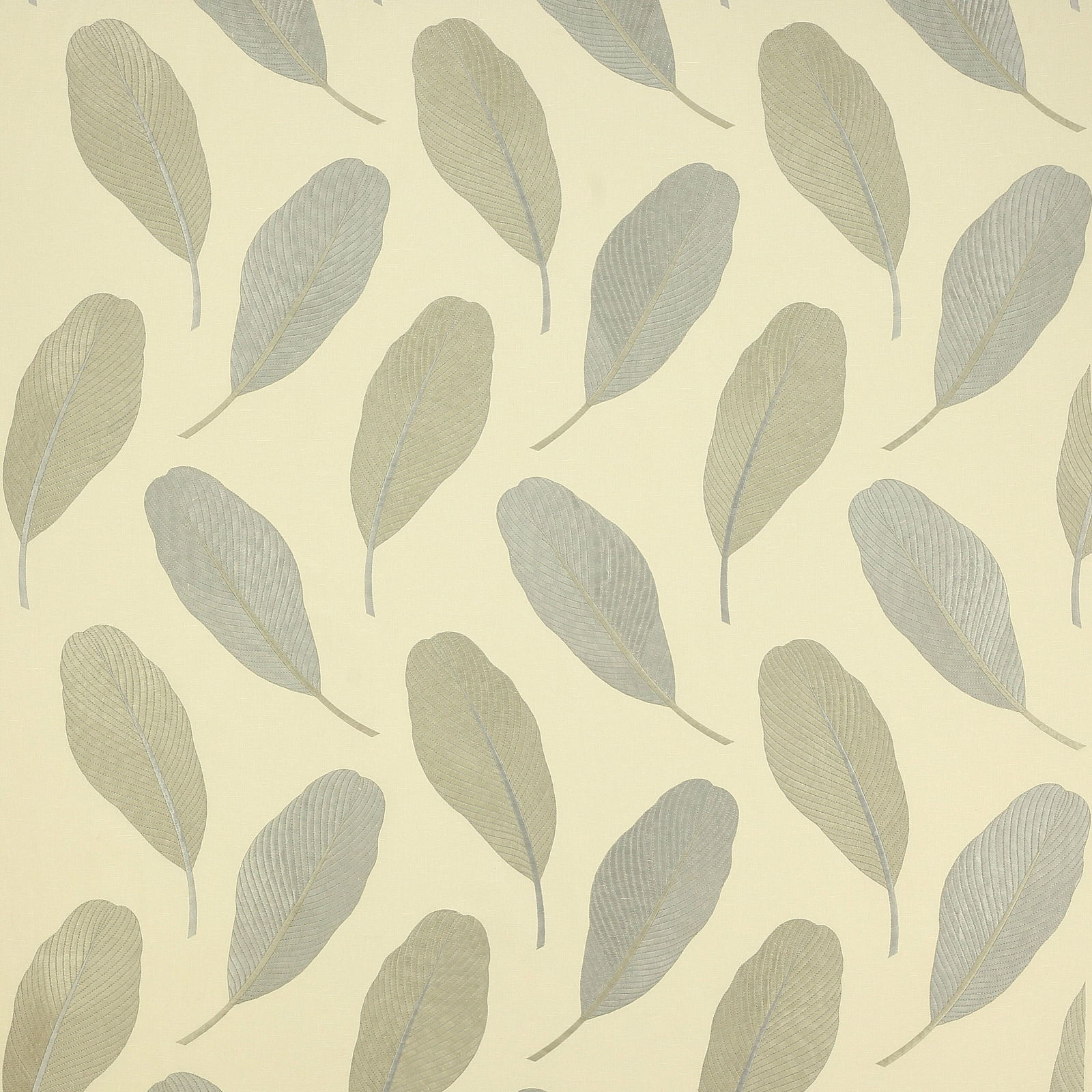 Pale cream fabric with scattered grey-green leaf motifs and a soft woven texture