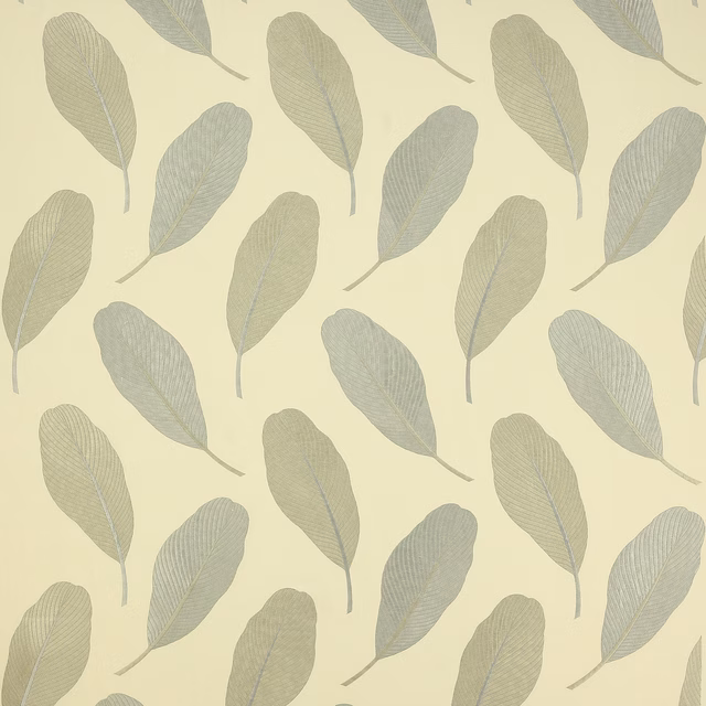 Pale cream fabric with scattered grey-green leaf motifs and a soft woven texture