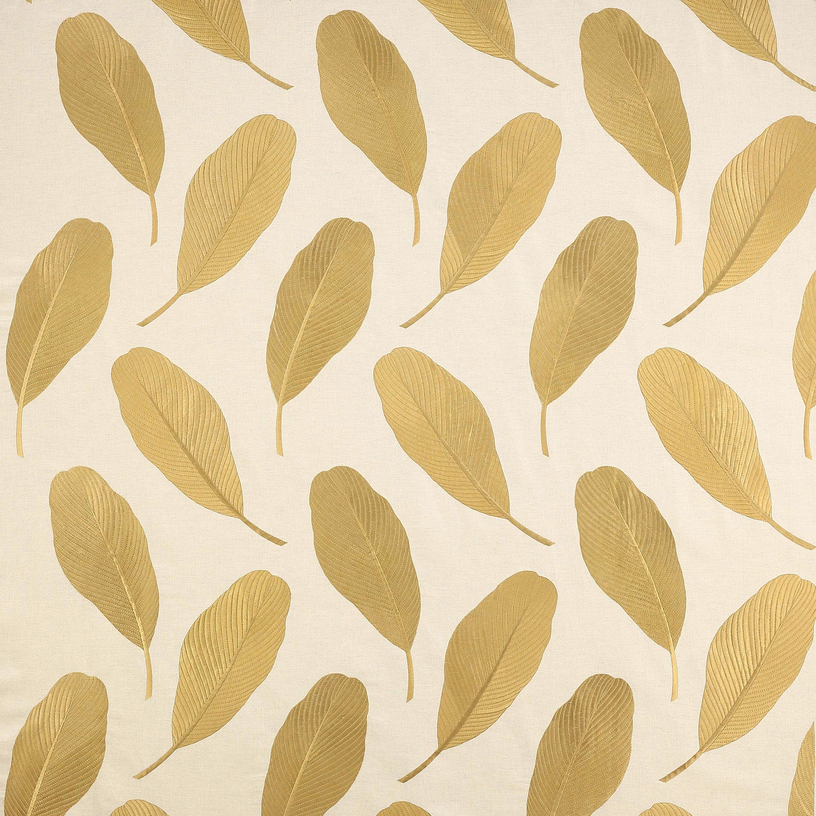 Cream fabric with repeating soft honey-gold leaf motifs and fine vein detail