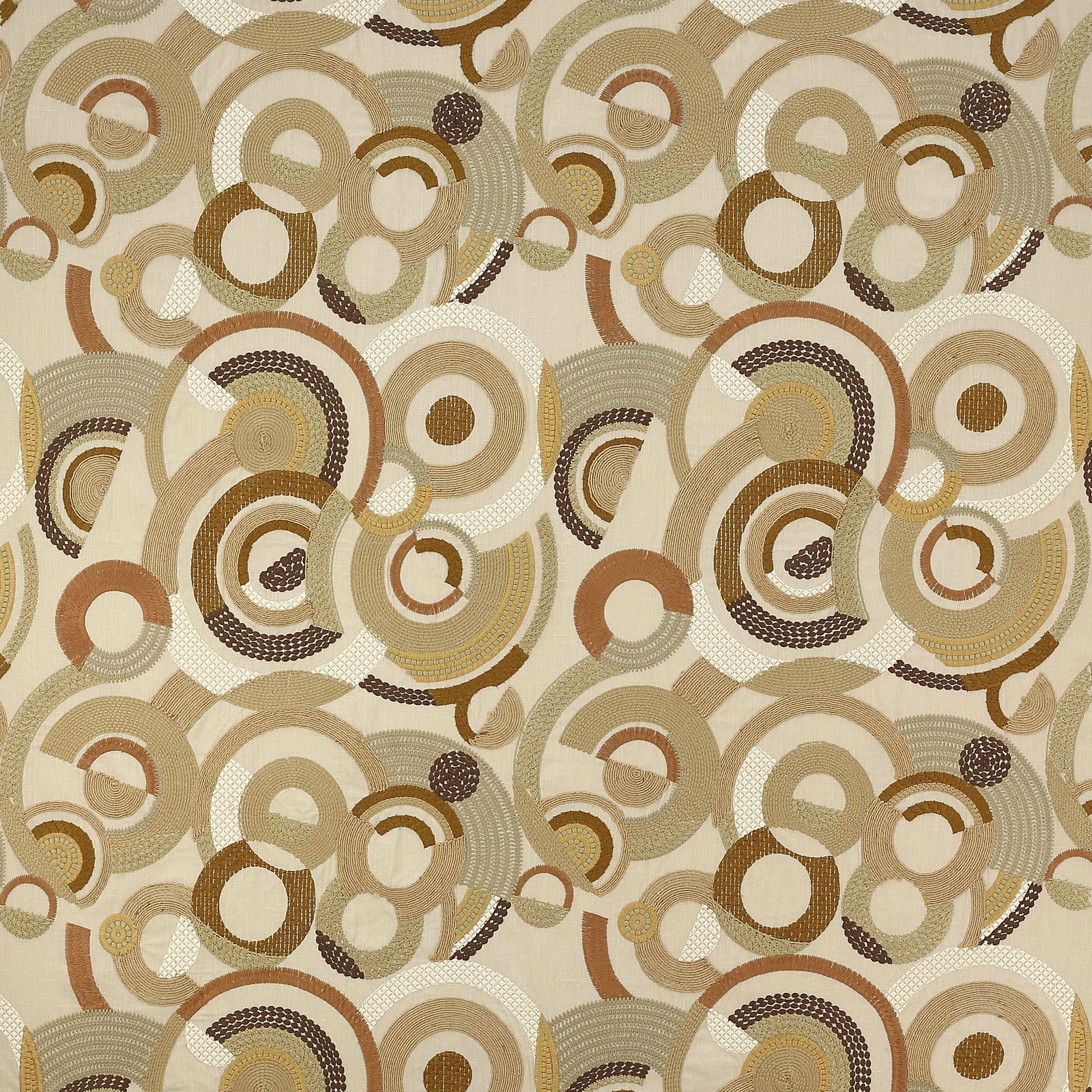 Beige woven fabric with layered concentric circle motif in sand, taupe and brown
