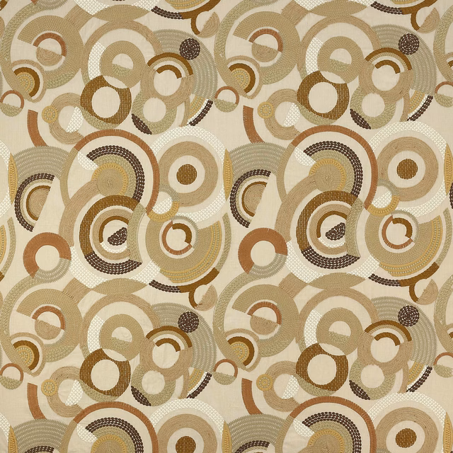 Beige woven fabric with layered concentric circle motif in sand, taupe and brown
