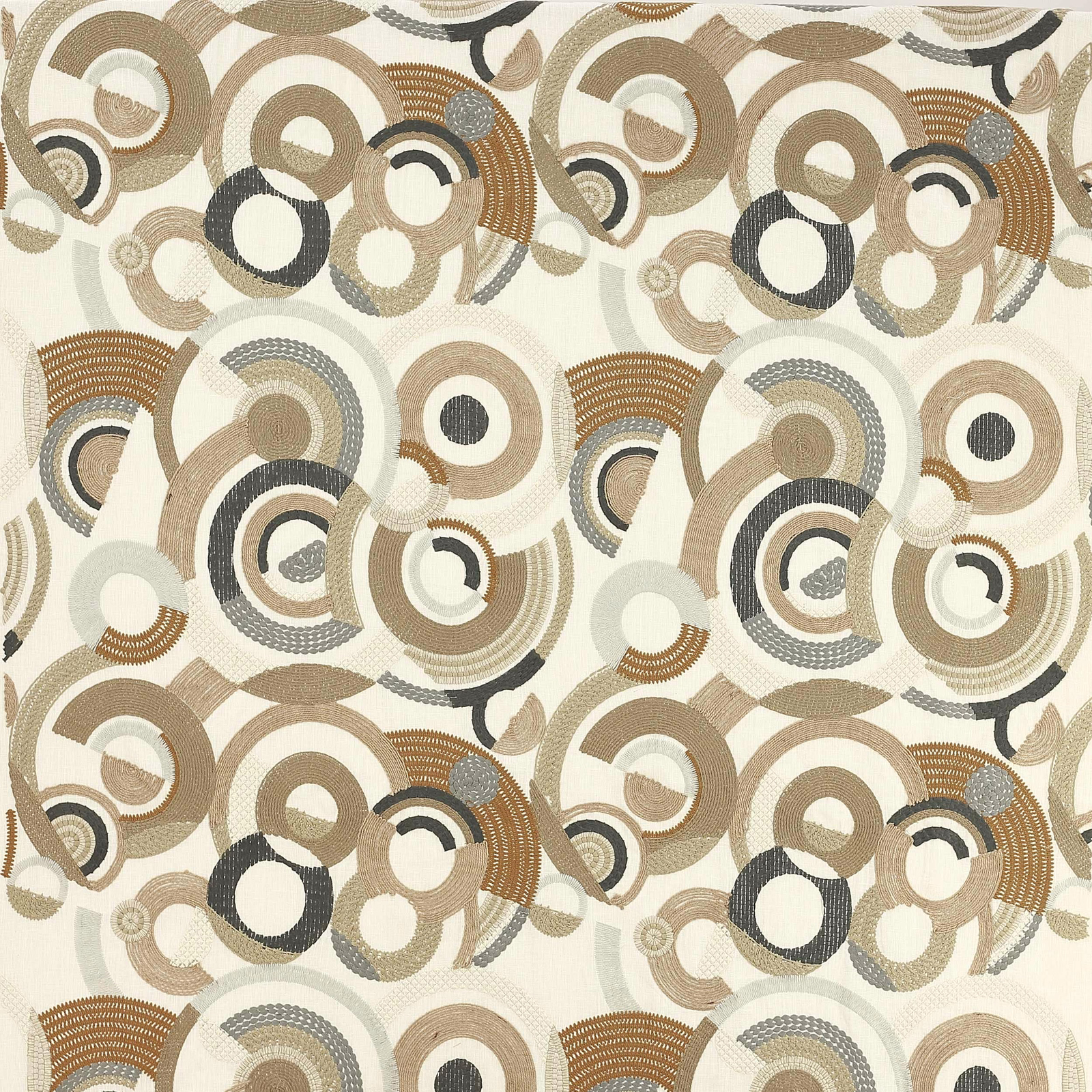 Abstract ring-pattern fabric in soft grey, taupe, beige and charcoal on a pale ground