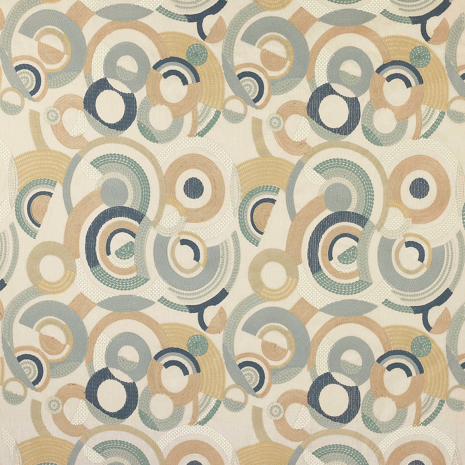 Patterned fabric swatch with overlapping circular rings in sea-glass blue, beige and ivory