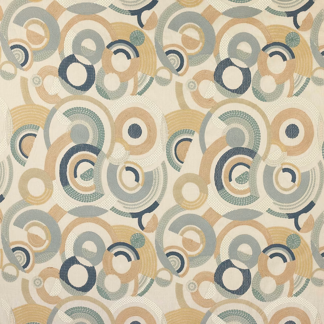 Patterned fabric swatch with overlapping circular rings in sea-glass blue, beige and ivory
