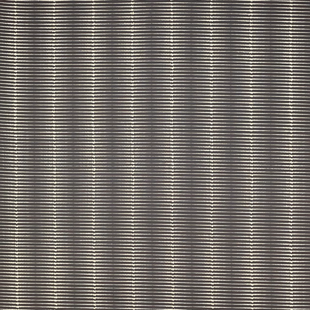 Close-up of charcoal grey striped woven fabric with fine ivory horizontal lines