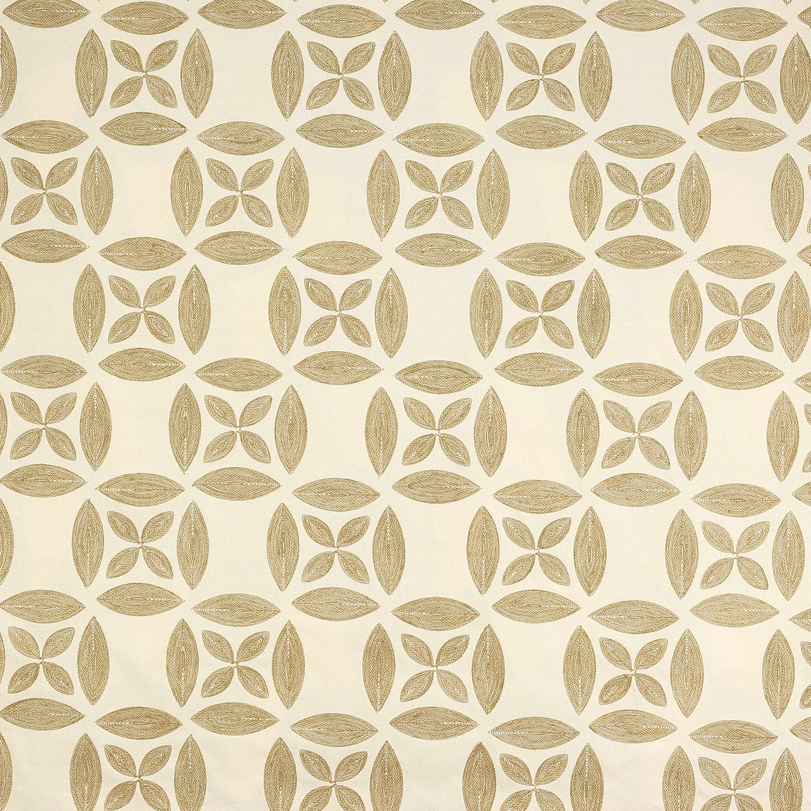 Cream fabric swatch with repeating honey-gold leaf and flower motif