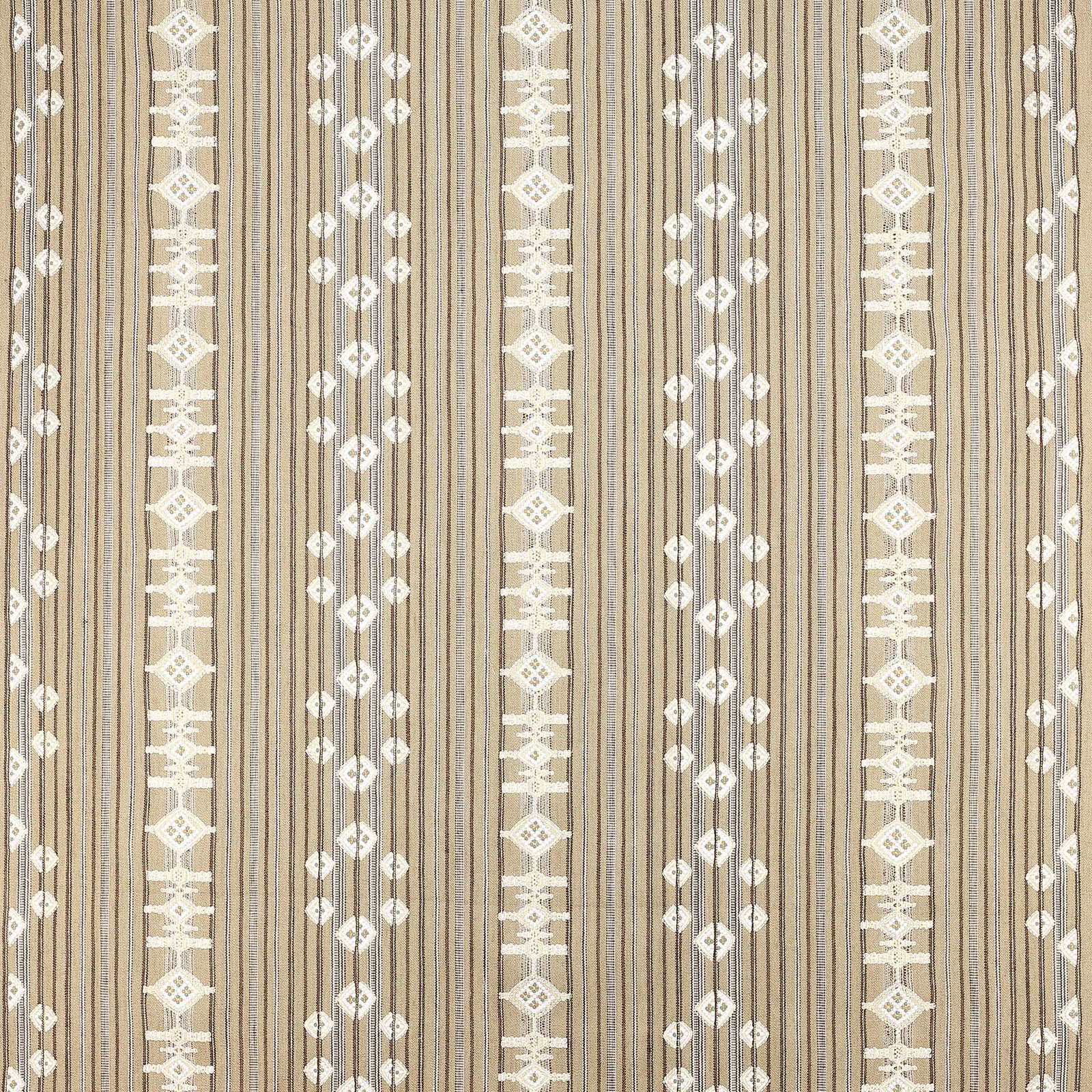 Warm beige woven fabric with ivory geometric vertical stripes and fine pinstripe texture
