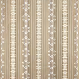 Warm beige woven fabric with ivory geometric vertical stripes and fine pinstripe texture