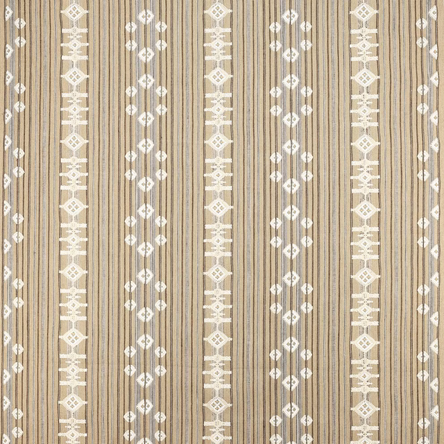 Warm beige woven fabric with ivory geometric vertical stripes and fine pinstripe texture