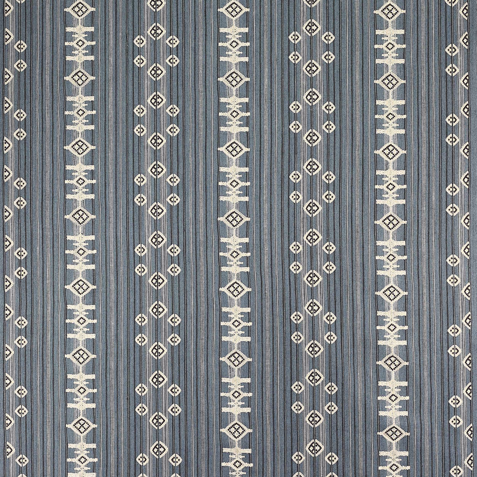 Blue-grey striped woven fabric with cream geometric vertical bands