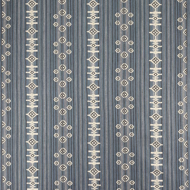 Blue-grey striped woven fabric with cream geometric vertical bands