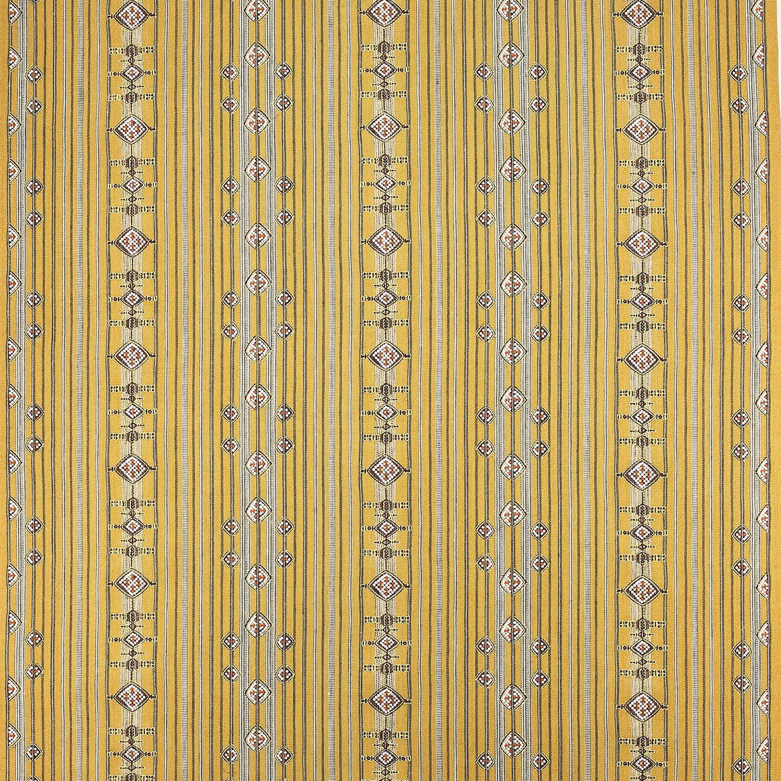 Golden tobacco fabric with narrow vertical stripes and small geometric diamond motifs