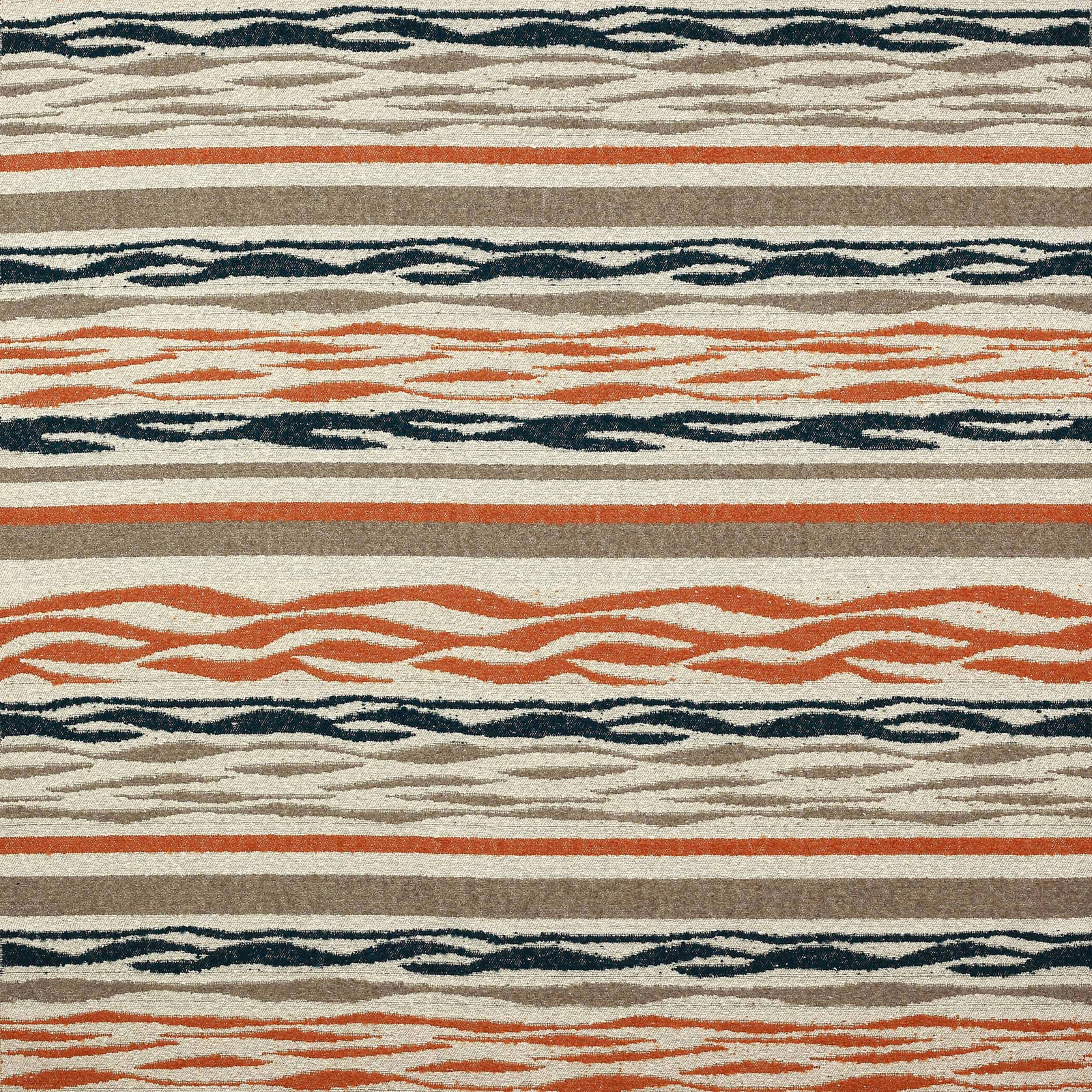 Striped woven fabric with burnt orange, taupe, cream and dark navy lines