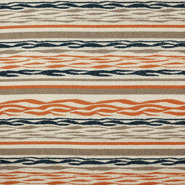 Striped woven fabric with burnt orange, taupe, cream and dark navy lines