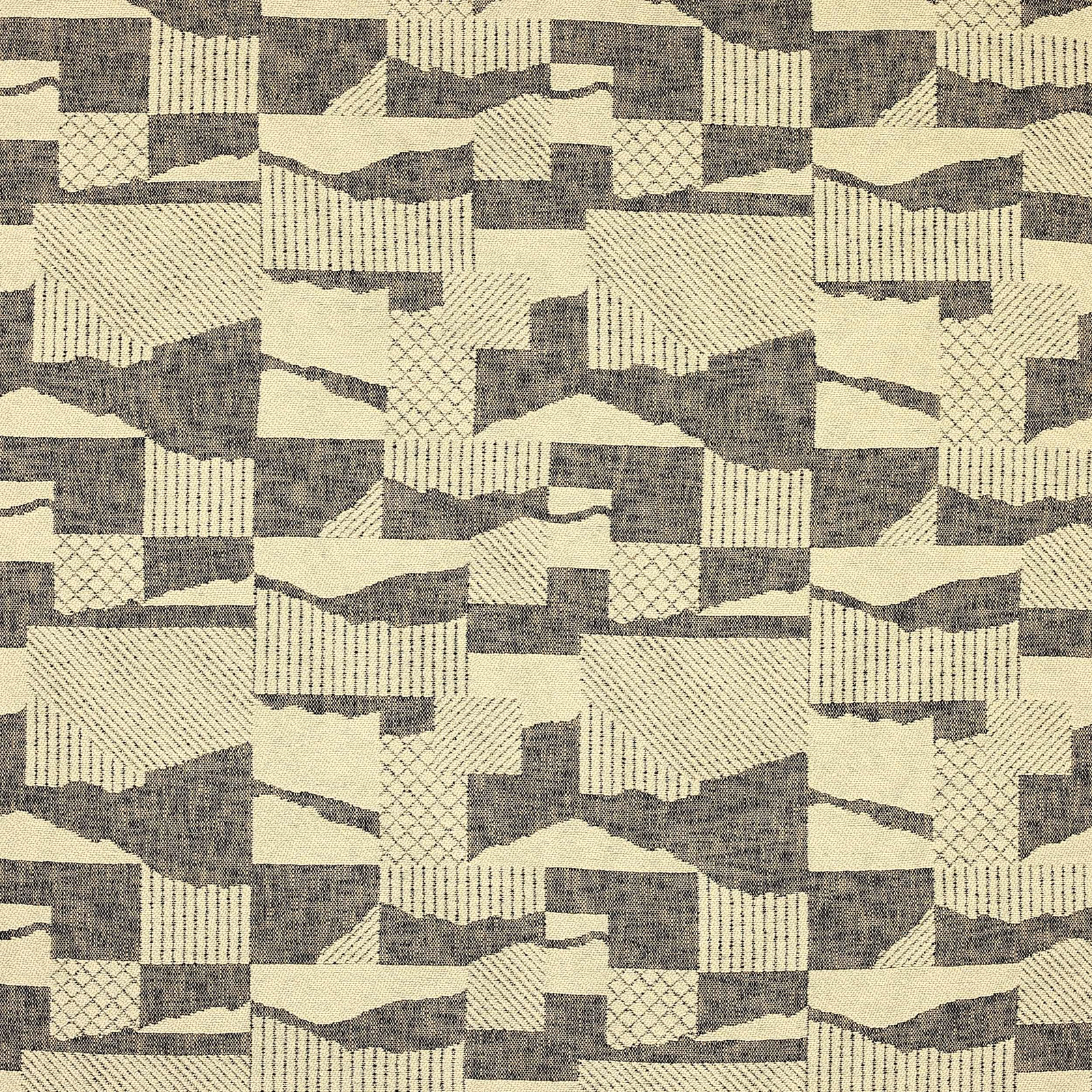 Geometric woven fabric in warm beige with smoky ebony blocks, stripes and patchwork motifs