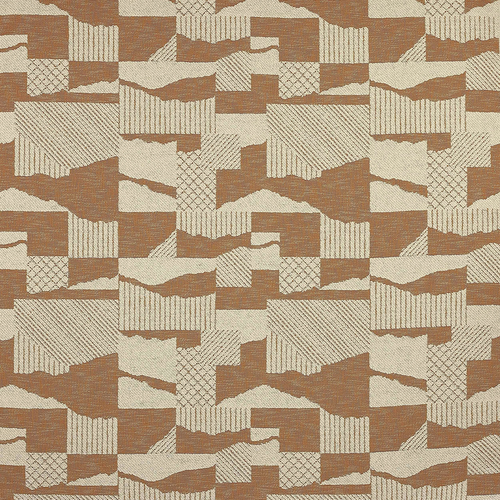 Abstract woven fabric swatch in tobacco brown and cream geometric blocks