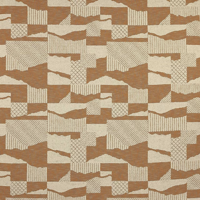 Abstract woven fabric swatch in tobacco brown and cream geometric blocks