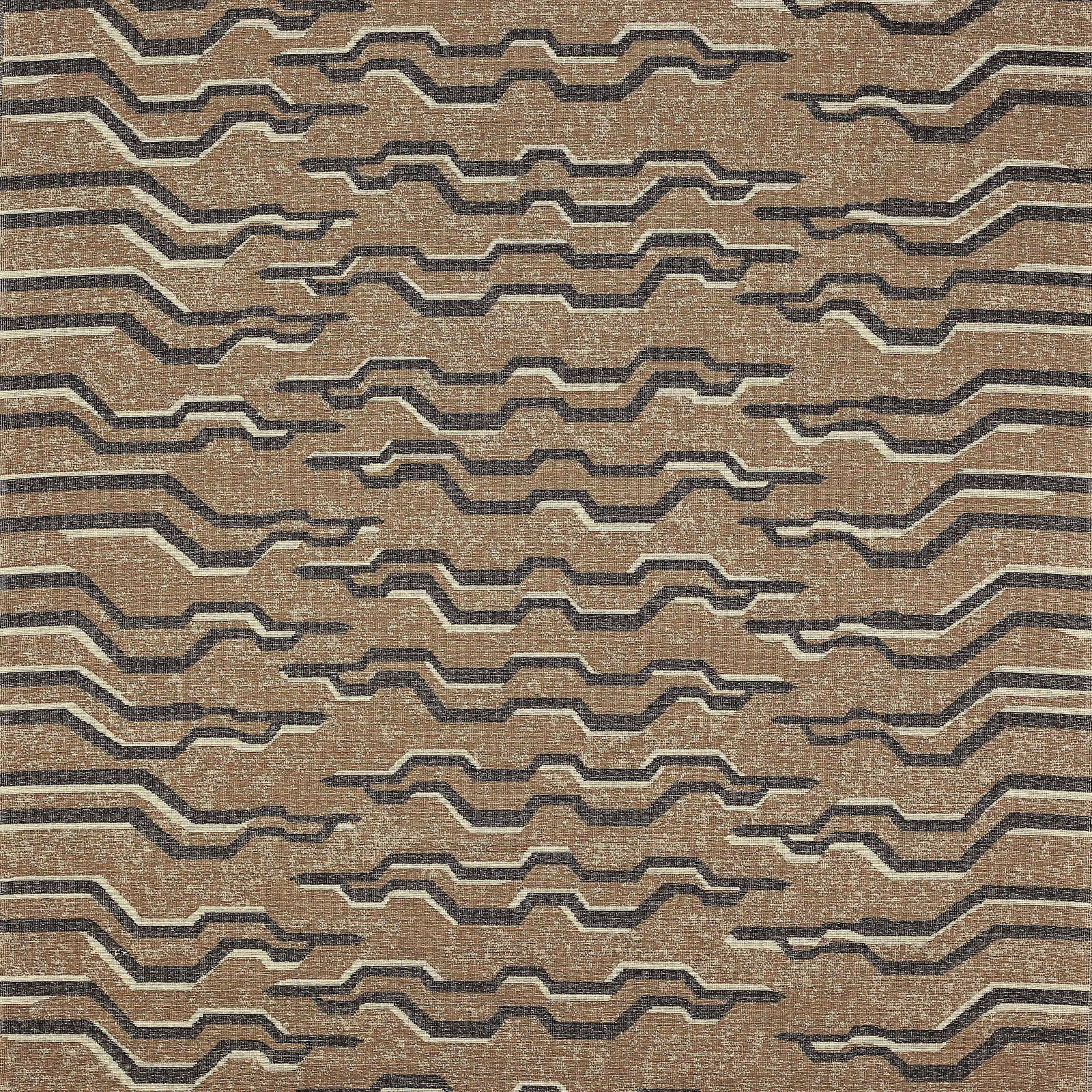 Close-up of Tigris Bark fabric with stepped geometric lines in bark brown, charcoal and pale beige