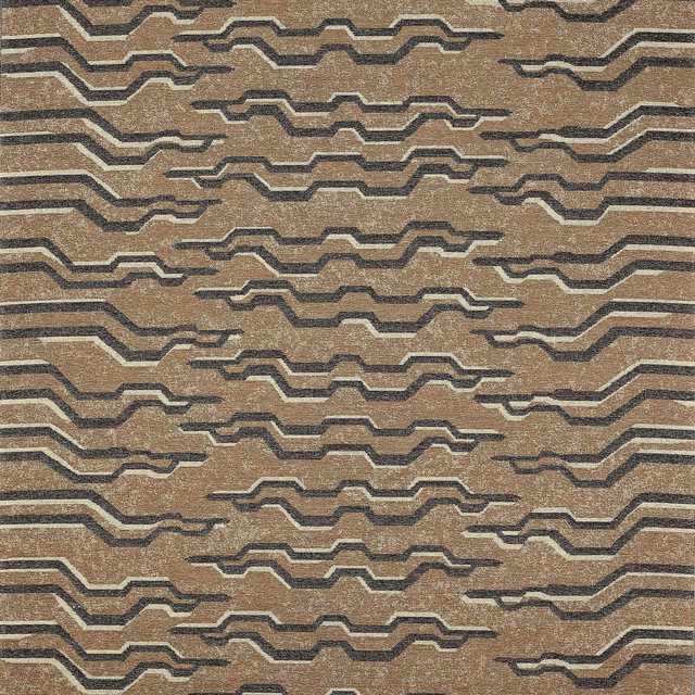 Close-up of Tigris Bark fabric with stepped geometric lines in bark brown, charcoal and pale beige