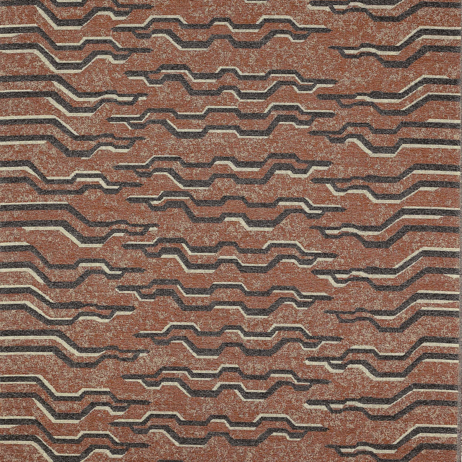 Terracotta geometric woven fabric with stepped charcoal and cream zigzag bands