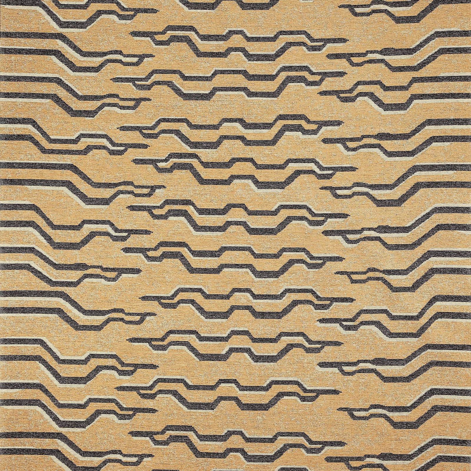 Warm tobacco-gold geometric woven fabric with dark stepped horizontal stripes