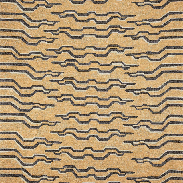 Warm tobacco-gold geometric woven fabric with dark stepped horizontal stripes