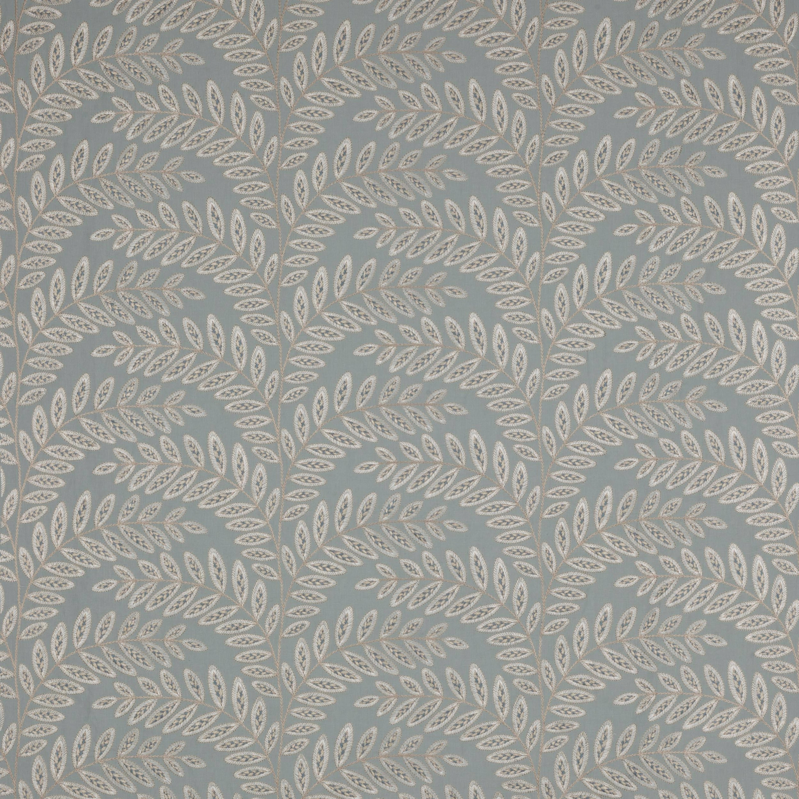 Soft aqua botanical fabric with pale trailing leaf motif and woven texture