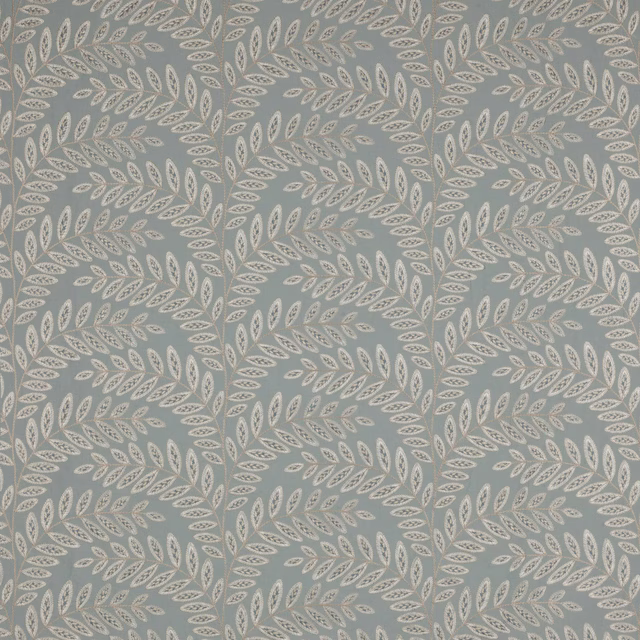 Soft aqua botanical fabric with pale trailing leaf motif and woven texture