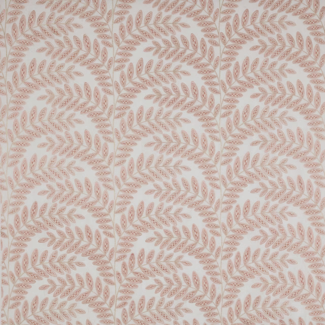Pale blush leaf trail fabric with cream ground and woven texture