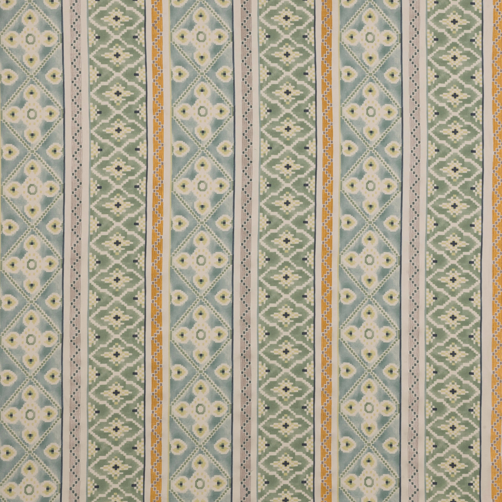 Striped woven fabric in aqua, sage green, ivory and mustard bands