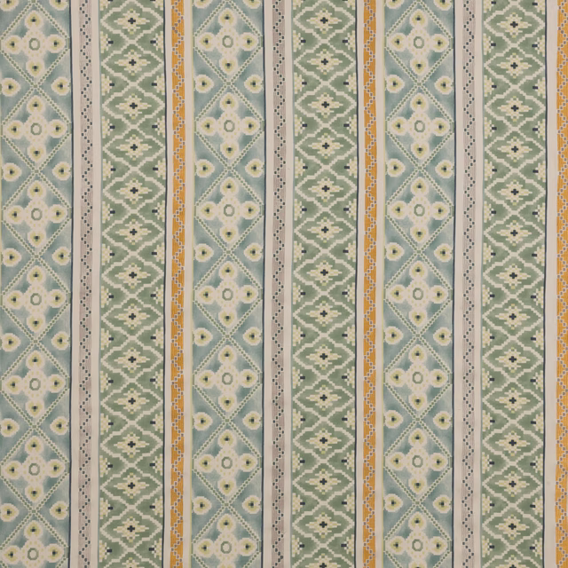 Striped woven fabric in aqua, sage green, ivory and mustard bands