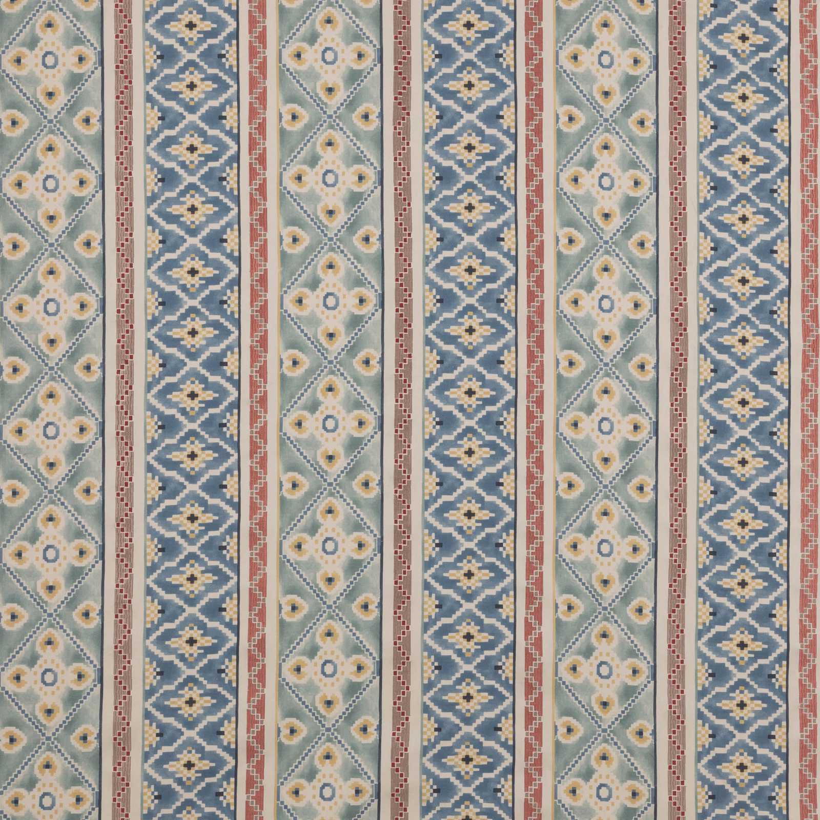 Striped woven fabric with blue, sage, cream and terracotta geometric bands