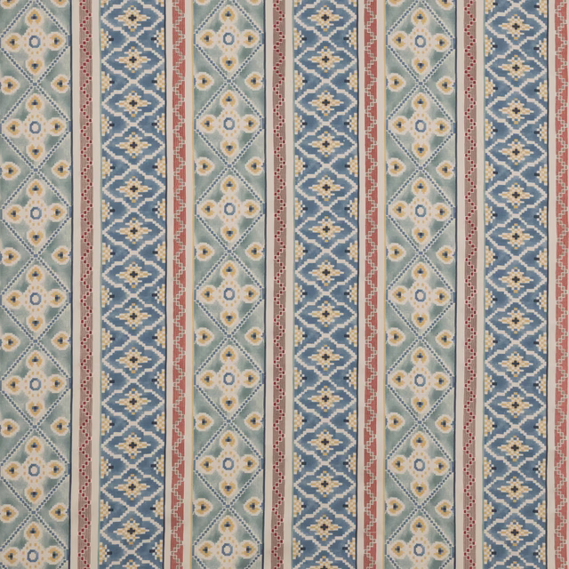 Striped woven fabric with blue, sage, cream and terracotta geometric bands