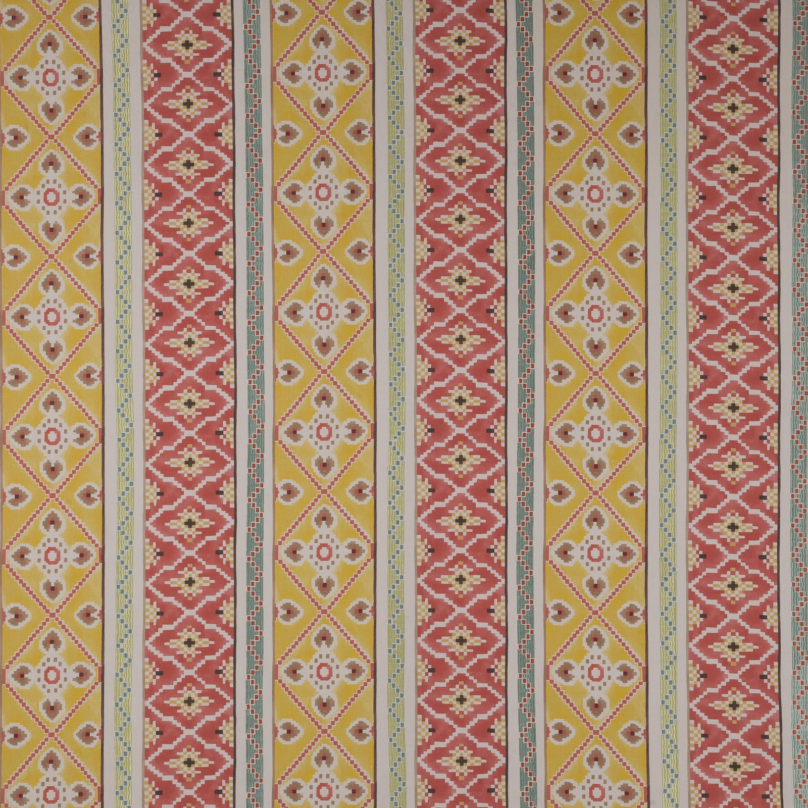 Striped geometric fabric swatch in coral red, mustard yellow and ivory