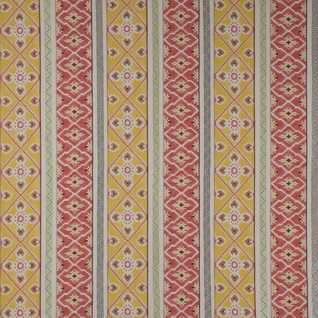 Striped geometric fabric swatch in coral red, mustard yellow and ivory