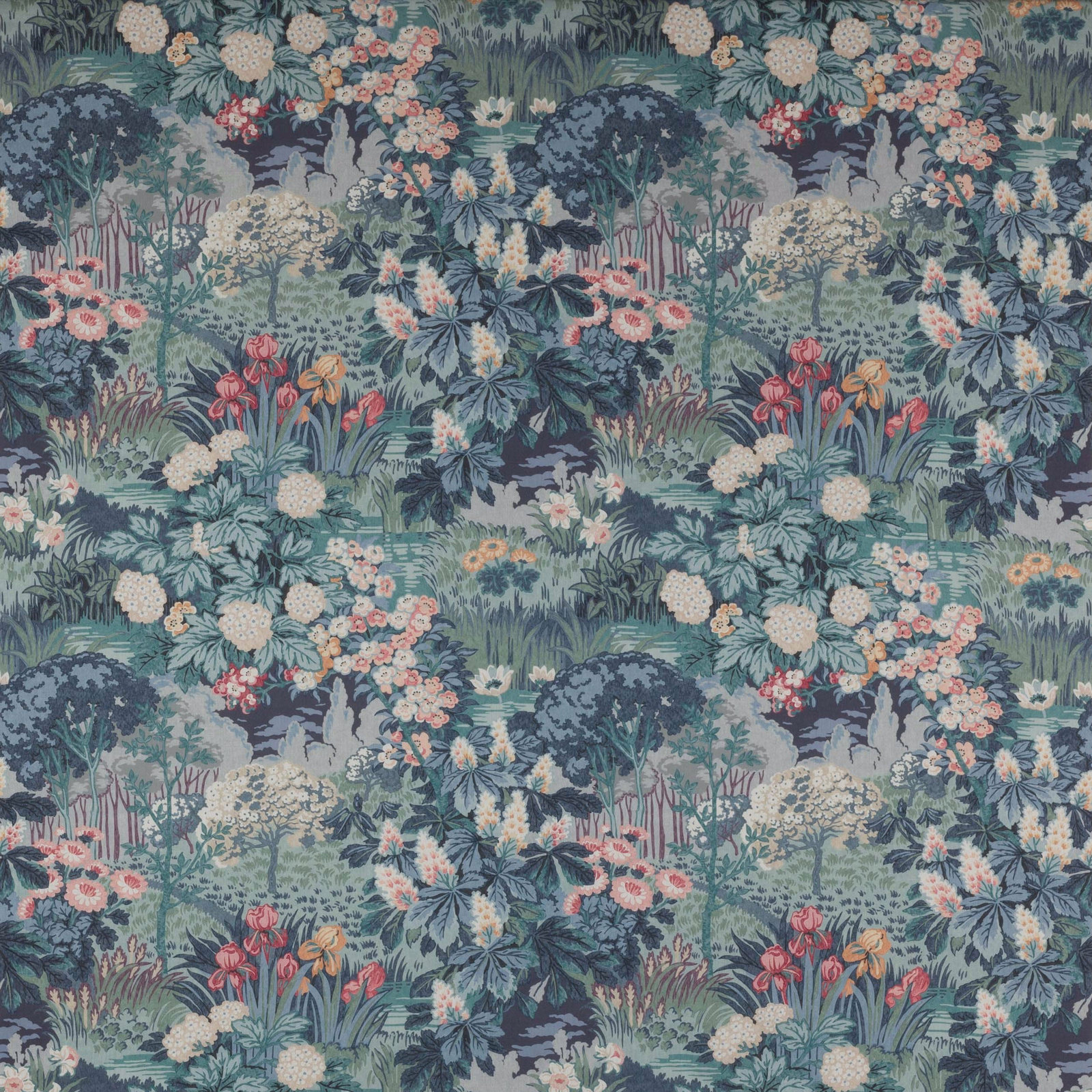 Blue-green botanical fabric with woodland trees, ferns and coral flowers