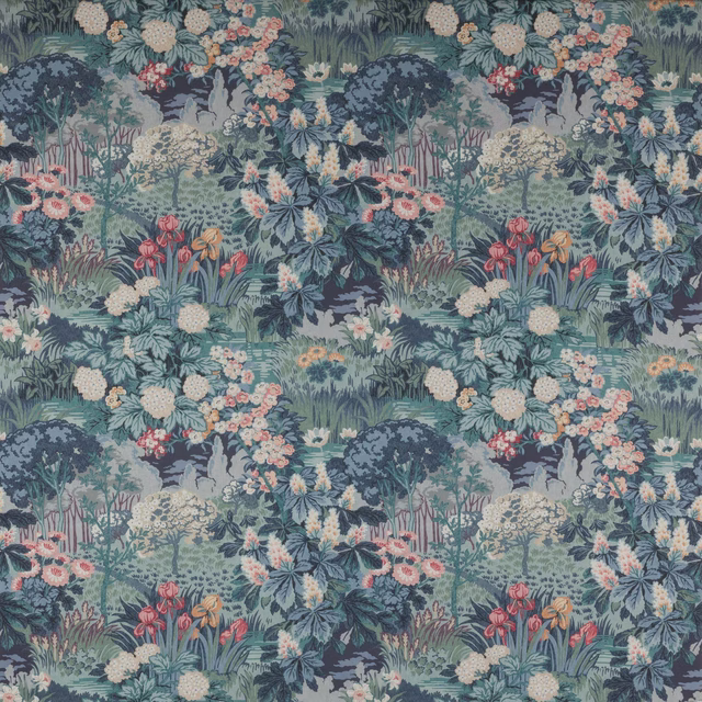 Blue-green botanical fabric with woodland trees, ferns and coral flowers
