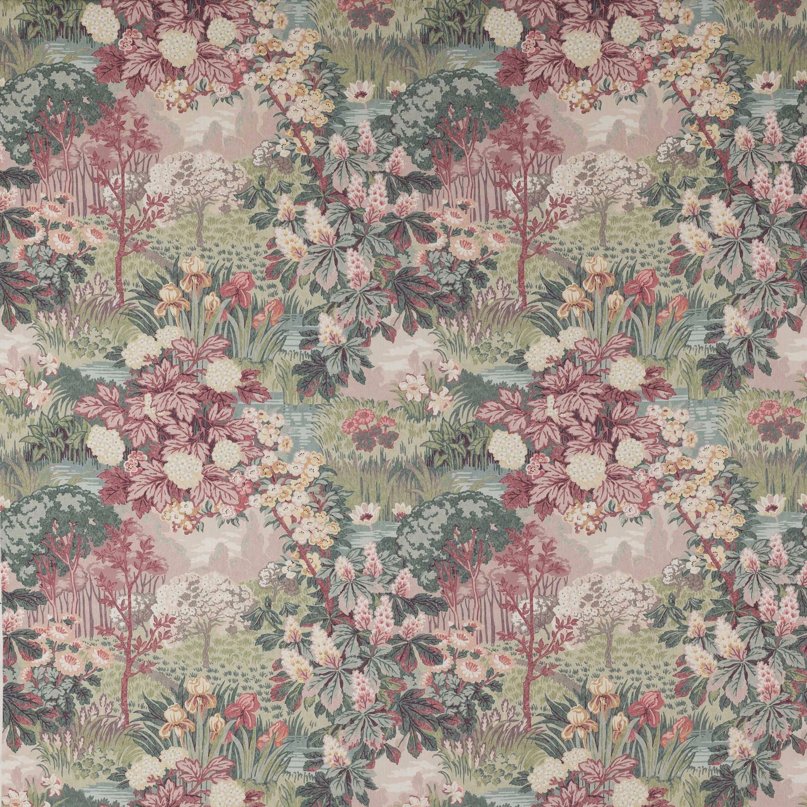 Painterly red and green floral fabric with sage ground and cream blossoms