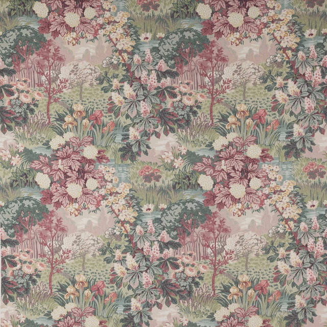 Painterly red and green floral fabric with sage ground and cream blossoms