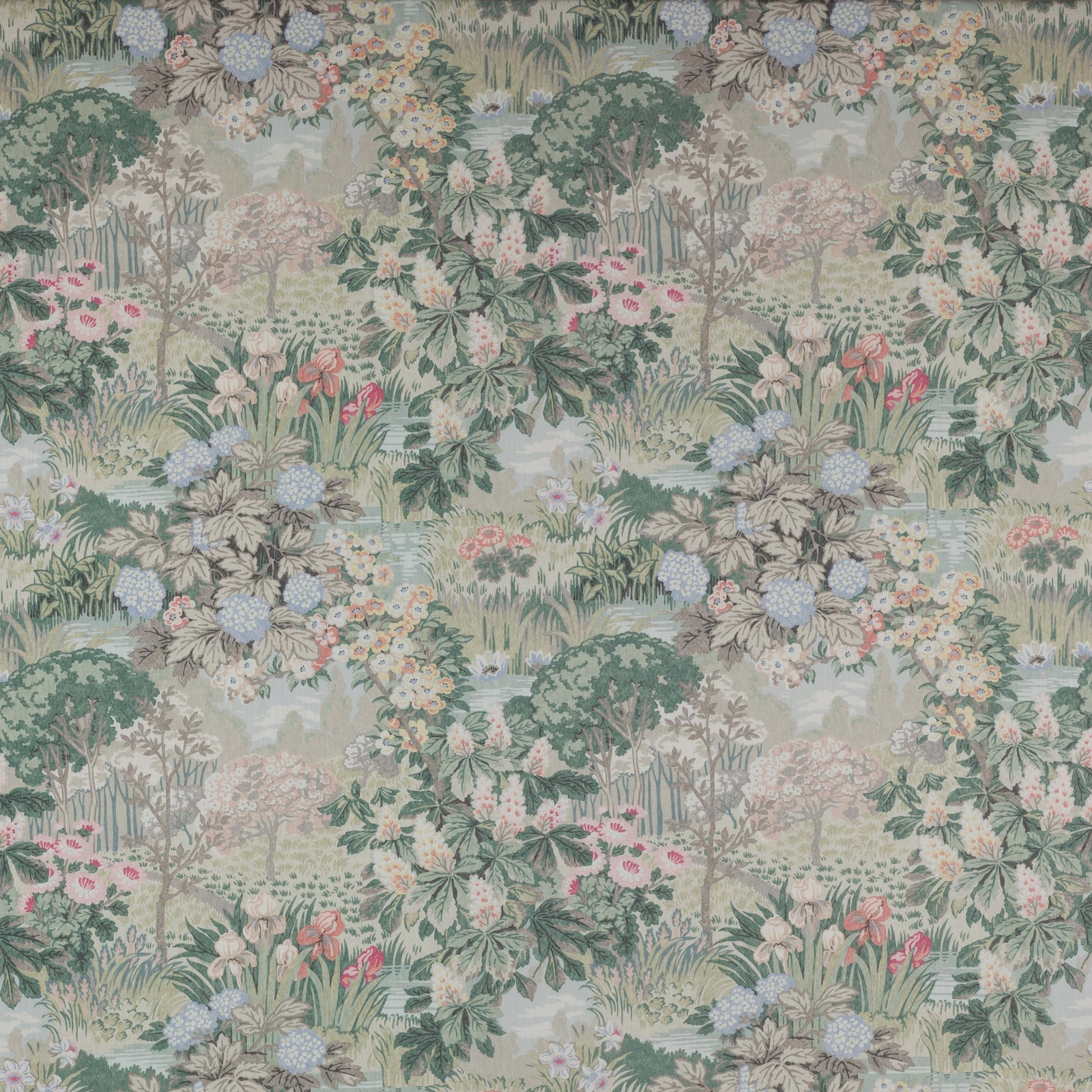 Pastel woodland floral fabric with sage green ground, pink blooms and blue flower clusters